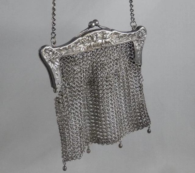 Antique Art Nouveau Flower German Silver Metal Mesh Purse Hand Bag BG434