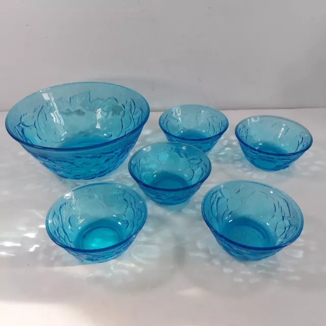 Dessert Bowl Set Art Deco Blue Glass Large Serving & 5 Fruit Dishes Vintage