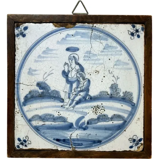 Framed Antique Dutch Delft Blue & White Pottery Religious Tile 18th century