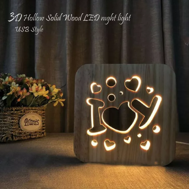 3D Wooden Carved LED Light Hollow Charging Night Lamp USB Bedroom Decoration US