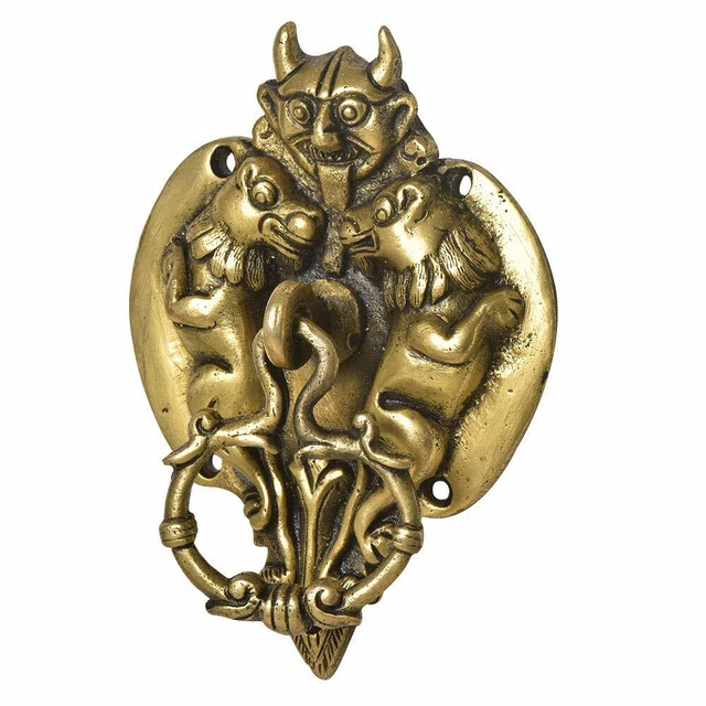 Fabriqué à la Main Laiton Démon Tête avec Deux Lions Heurtoir de Porte Décor