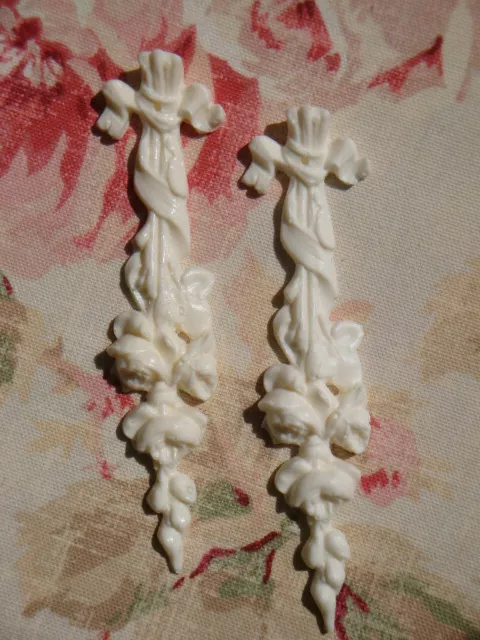 Shabby & Chic "FRENCH RIBBON & ROSES" Pair Petite Drop Furniture Applique Onlay