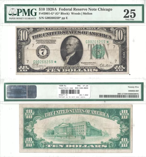 1928-A $10 Chicago District Star Note Fr 2001-G* PMG Very Fine-25