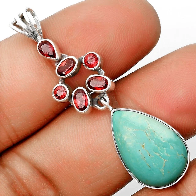 Rare Turquoise Nevada Aztec Mt & Garnet 925 Silver Pendant Jewelry P-1101