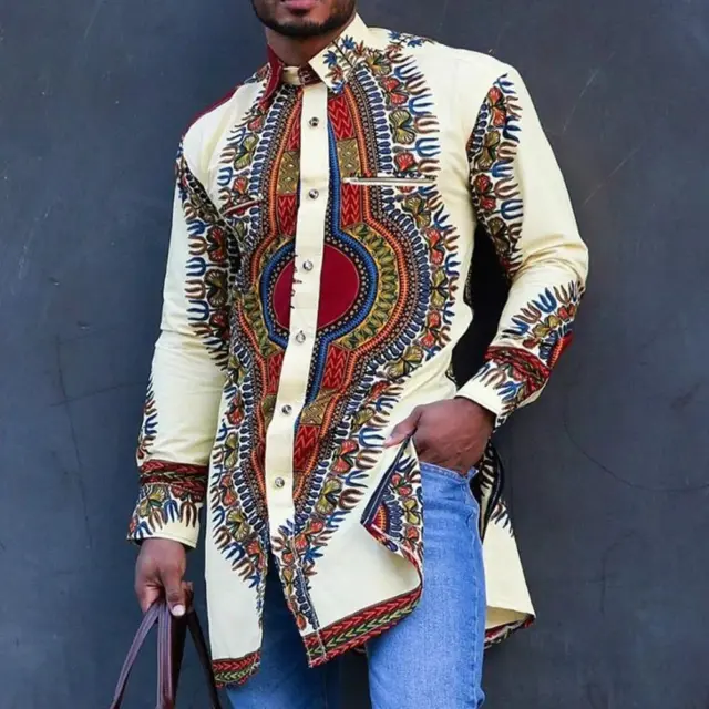 Mens Long Sleeve Longline African Dashiki Dress Shirt Ethnic Totem Print Tops