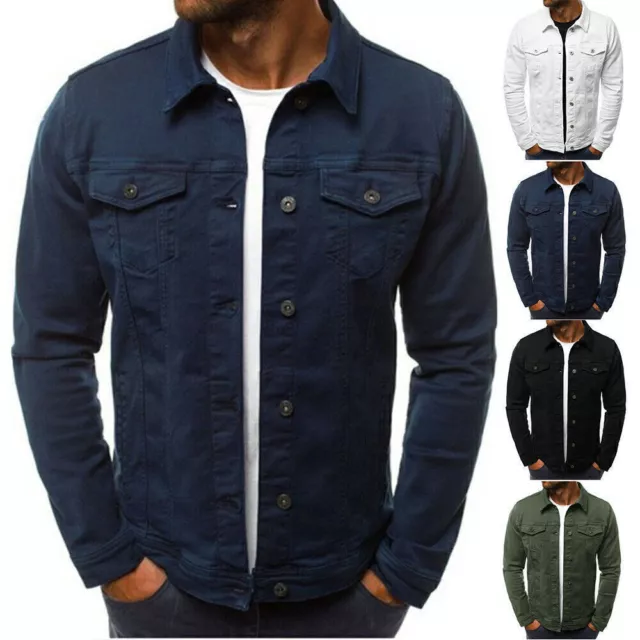 Mens Long Sleeve Slim Fit Button Up Denim Jacket Coat Casual Cargo Shirt Outwear