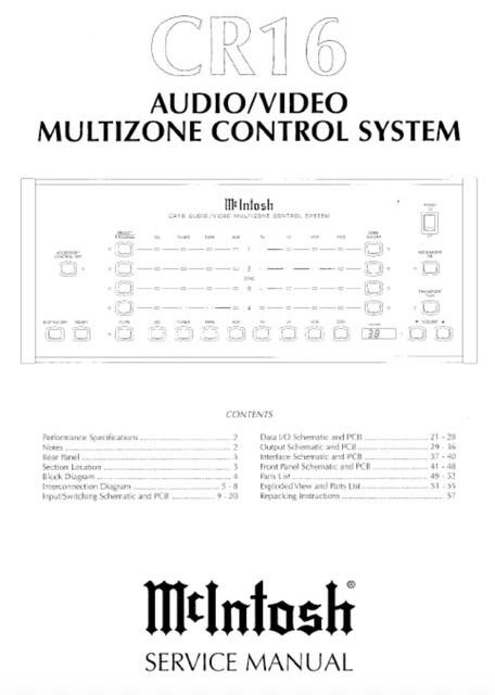 MCINTOSH CR16 SCHEMATIC Service Manual Repair Schaltplan Schematiques