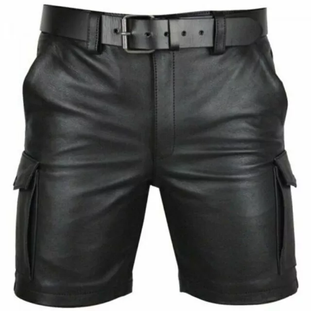 Homme Cuir Noir Short Souple Peau de Mouton Slim Cargo Élégant Short Pantalon