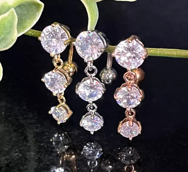 1pc Triple CZ Gems Top Drop Dangle Surgical Steel Reverse Belly Ring Navel Naval