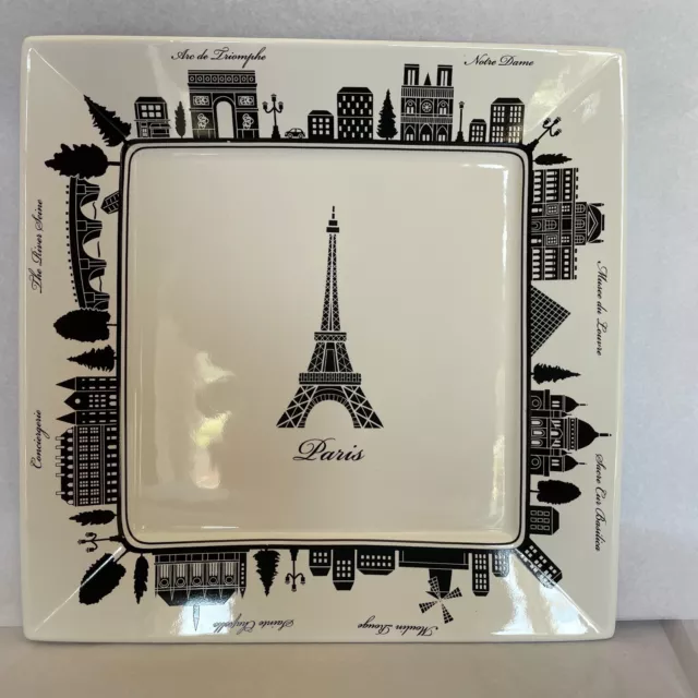 222 Fifth CITY BLOCK Eiffel Tower Square Fine Porcelain Black White 10.5" Plate