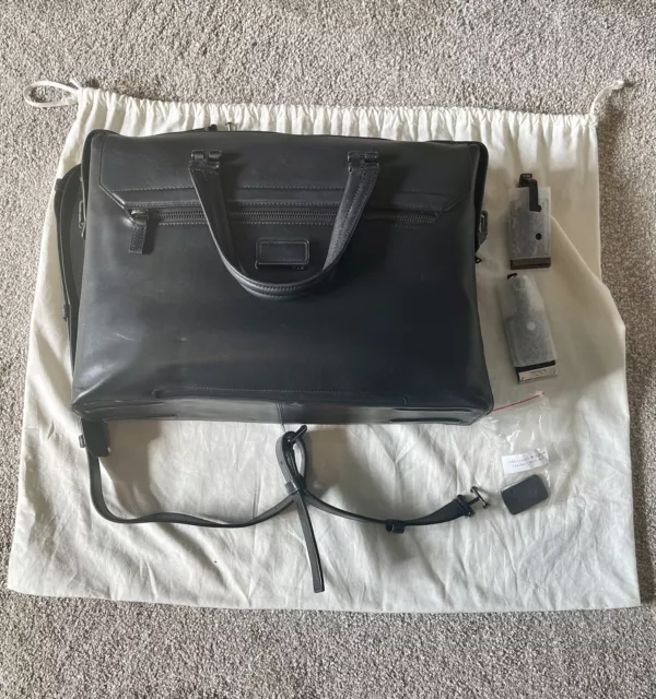tumi black leather briefcase mens