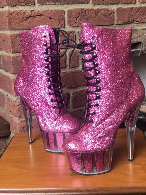 Size 7 Vintage Pink Glitter Sparkle Perspex 6.5" High Heel 2.5" Platform Boots