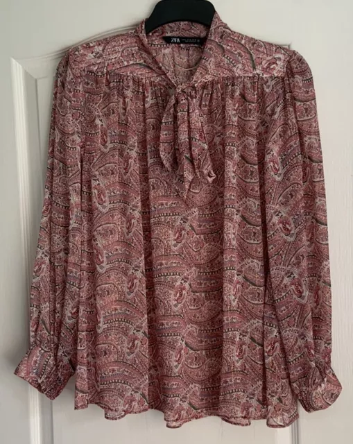 Zara Womens Pink Paisley Patterned Chiffon Style Tie Neck Top Size XL, UK 16