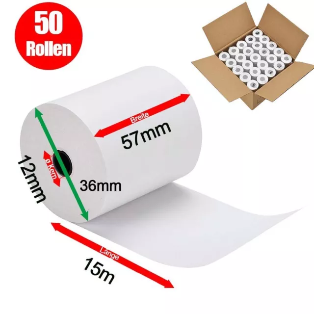 50 Thermorollen 57mm x 15m x 12mm Bonrollen Kassenrollen Papierrollen BPA frei