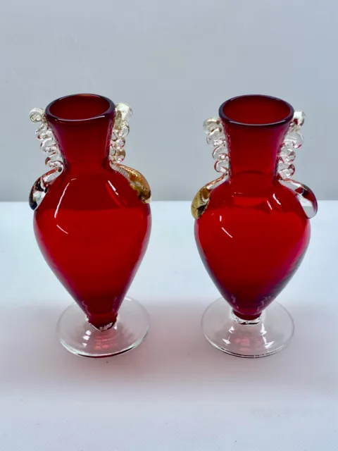 ART GLASS (2) SEGUSO MURANO RUBY RED w AVENTURINE GOLD FLECK HANDLE VASES EASTER