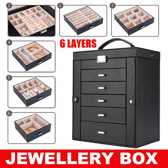 Large 6Layer Jewellery Box Leather Storage Case Organizer Holder Earring Display