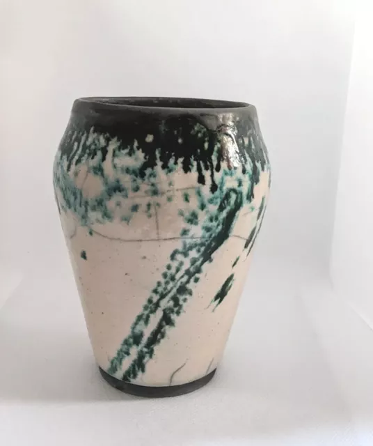 Raku Art Pottery Vase, 5" tall Blue Green Drip Crackle Glaze, Signed RS