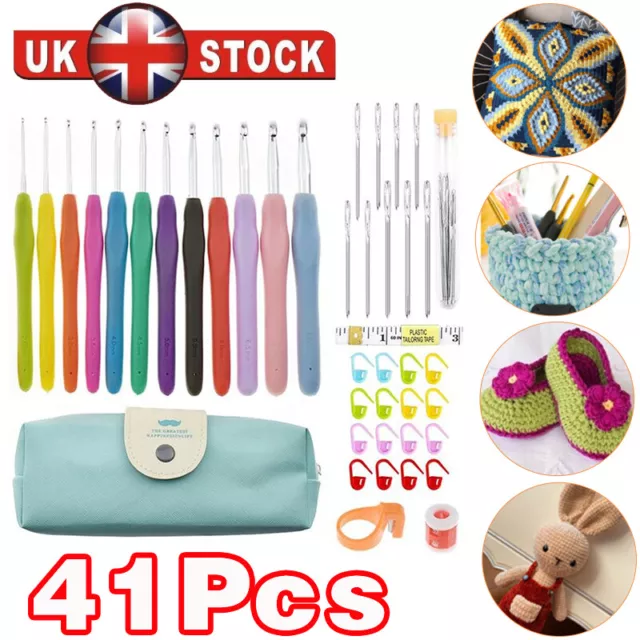 41 Set Crochet Hook Yarn Ergonomic Grip + Bag Kit Knitting Needle Sewing Tool G