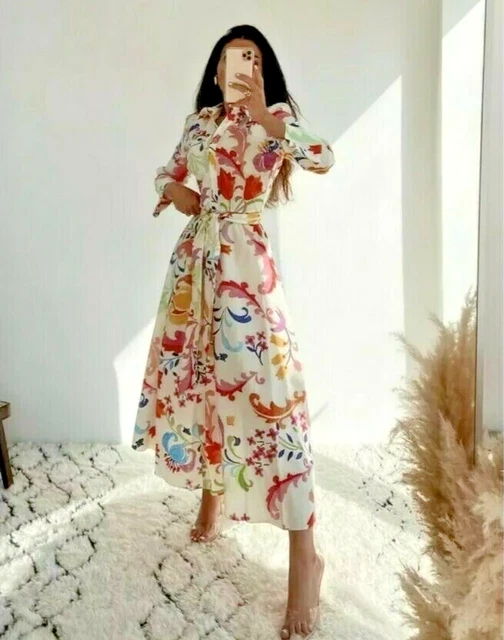 zara floral midi shirt dress FLORAL PRINT BELTED MIDI DRESS - Multicolored