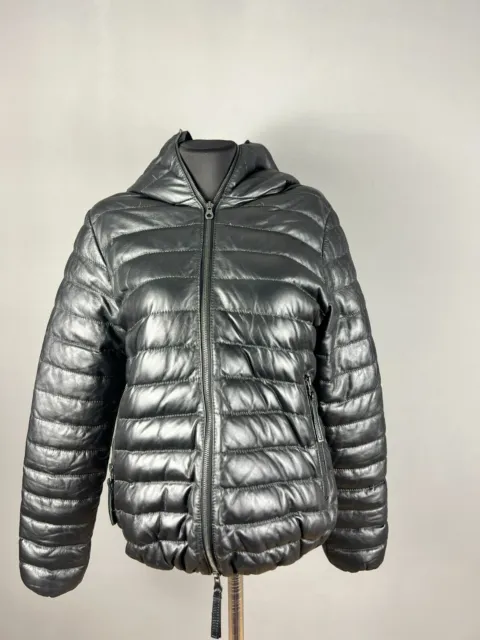 DUVETICA Down Jacket Leather Womens Full Zip Hooded Black Size 44