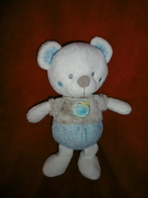 Doudou Peluche Mots d'Enfants Ours Blanc Beige Bleu Pois