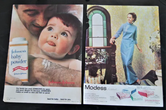 2 x full page 1969 Johnson & Johnson ads Baby Powder Modess modesty napkin