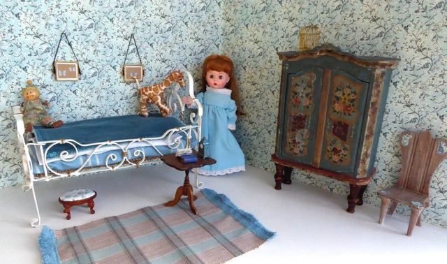 1:6 DOLL BEDROOM DIORAMA with antique Dora Kuhn cupboard and iron bedstead