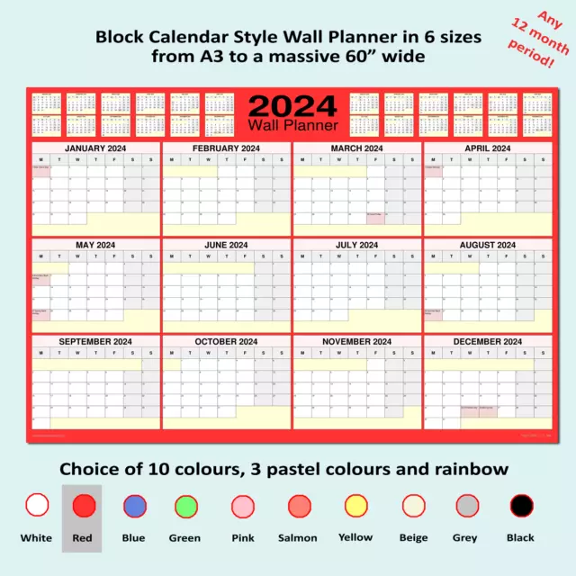 2024 year wall planner block calendar style landscape 14 colours 6 sizes [F]