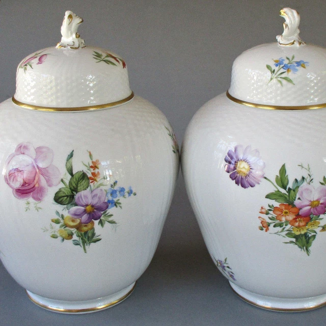 Pr Vintage ROYAL COPENHAGEN HP Porcelain 11" Covered URNS Ginger JARS * FLOWERS