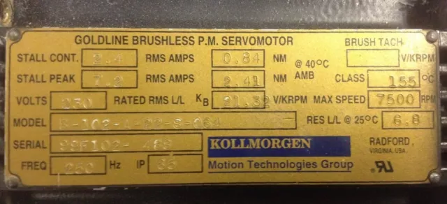 Servomoteur Kollmorgen Goldline PM 240 V 7500 tr/min B-102-A-22 2