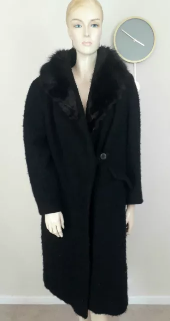 Vintage Antique 50S Black Chic Fur Collar Textured Wool Mid Length Coat 14 16