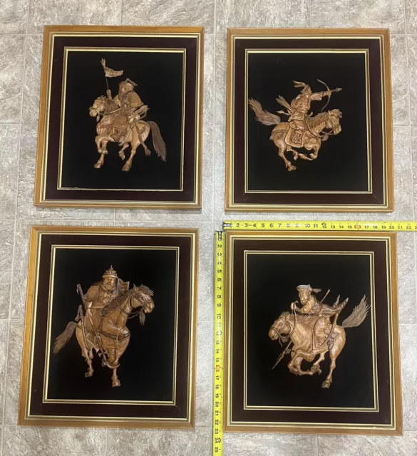 Vintage Korean Hand Carved Framed 3D Wood Wall Art Hwarang Warriors on Horseback
