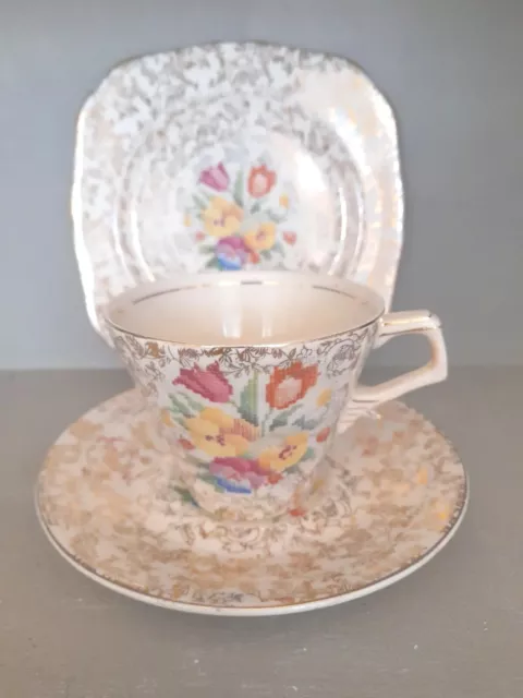 Vintage H&K Tunstall Cross Stitch Tea Trio Set Cup Saucer plate