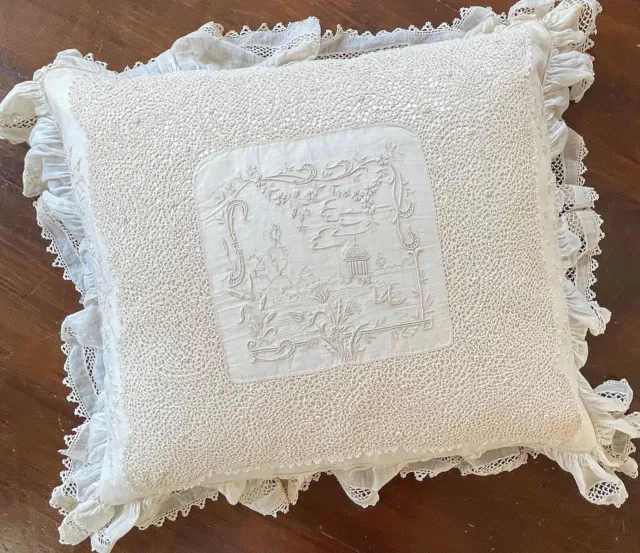 Antique Italian Linen with Irish Crochet & Hand Embroidery Pillow YY200