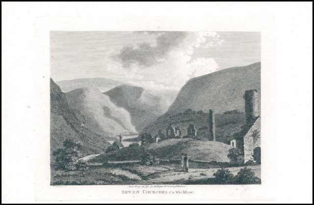 1797 Original Antique Engraving IRELAND View SEVEN CHURCHES Co.Wicklow (IG108)