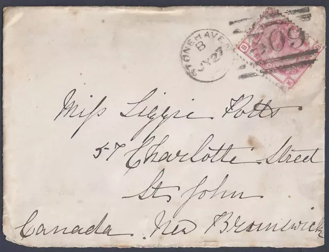 Uk Gb Canada 1874 Stone Haven To New Brunswick Franked Sg 144 Plate 14 Tied Neim