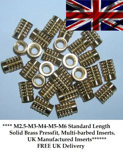 M2.5 to M6 METRIC THREADED INSERT SOLID BRASS FOR PLASTIC, PRESS-IN, 3D PRINTERS