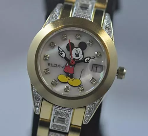 New Womens Elgin Disney Mickey Mouse MCK208 Date Gold Tone Bracelet Watch