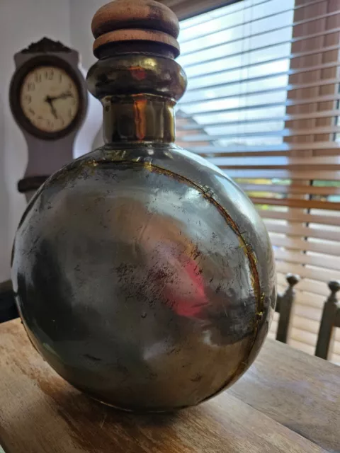 Indian Hand- Hammered Metal& Brass Water Vessel With Wooden Cork 1950s