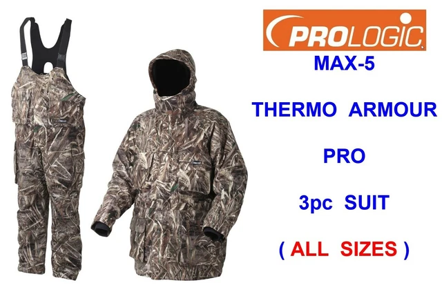 PROLOGIC 3pc MAX-5 CAMO THERMO ARMOUR PRO SUIT JACKET+FLEECE+BIB & BRACE HUNTING