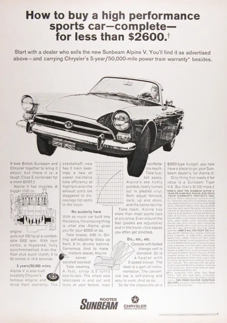 1968 SUNBEAM ALPINE V ROADSTER Lot of (2) Genuine Vintage Advertisements $2,567
