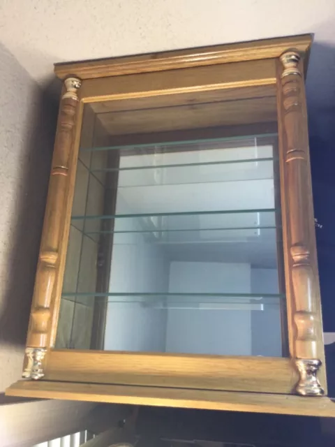 Wooden Oak Curio Cabinet w/3 Shelve-Mirror Back-Glass Door-Wall or Table Top-EUC
