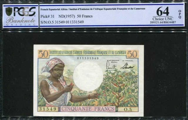French Equatorial Africa 1957, Cameroun 50 Francs, P31,PCGS 64 OPQ UNC