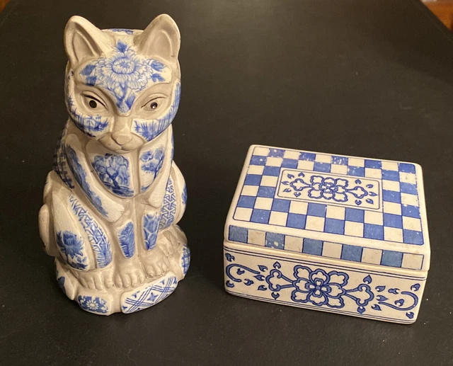 Nancy Lopez Blue Cat Ceramic Tile Mosaic Bank 1981 & 1979 Trinket box