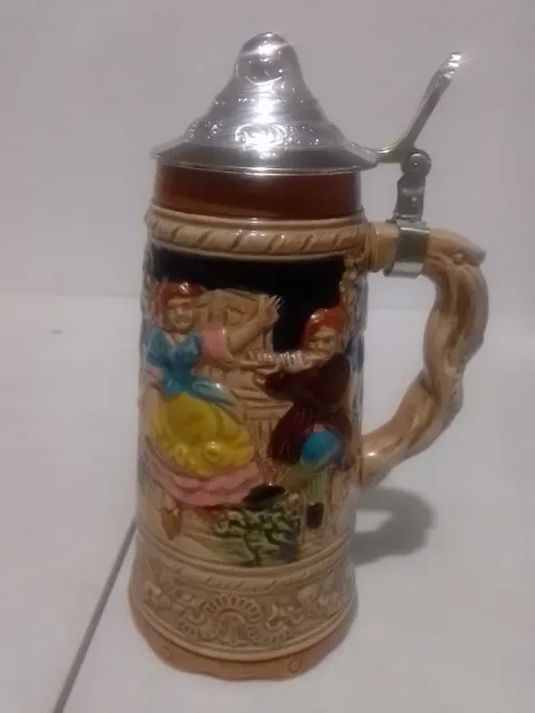 9" Inch Tall Beer Stein Music Box With Lid Musical Tested & Working Flute Player
