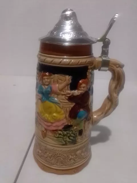 9" Inch Tall Beer Stein Music Box With Lid Musical Tested & Working Flute Player