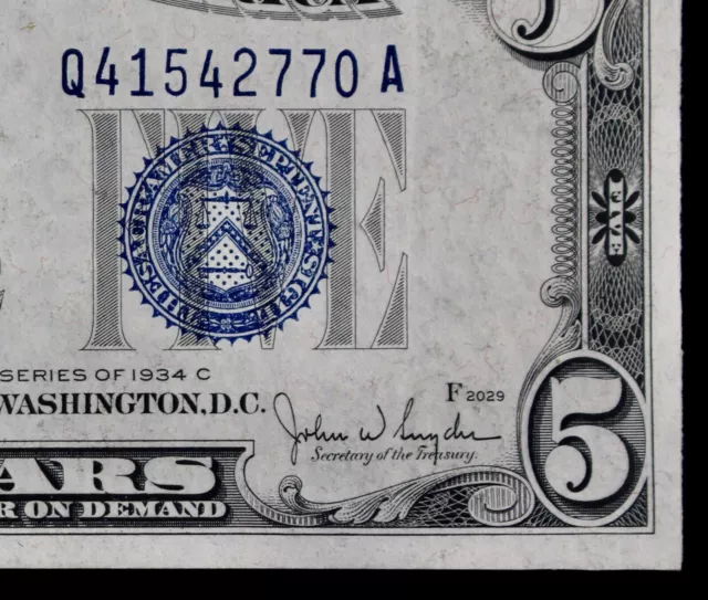 Tough $5 1934C HG NARROW fp2029 blue seal Silver Certificate Q41542770A series C