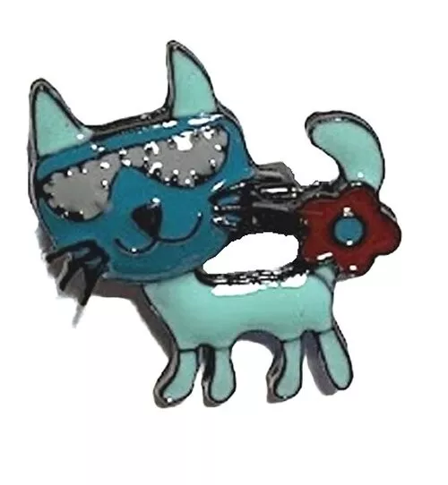 Blue Cat Brooch Badge Metal Enamel Lapel Pin Purple Flower Grey Sunglasses NEW