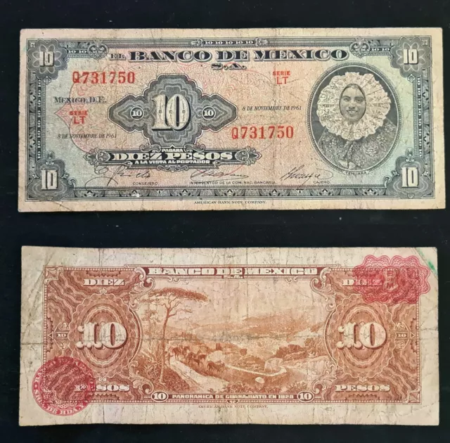 TEN 10 DIEZ PESOS BILL 💵 Banco De MEXICO 8 Nov. 1961 BANK NOTE 💲 Series LT