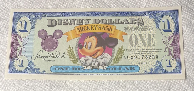1993-AA Block. $1 Disney Dollar. Disneyland. CU. From Original Pack.